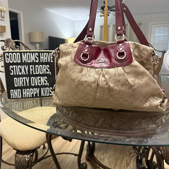 Coach Tan and Red Shoulder Bag 15x10 with 8” handle drop and 18” shoulder strap - Picture 1 of 11